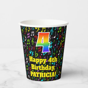 4th Birthday: Fun Music Notes Pattern, Rainbow 4 Paper Cups