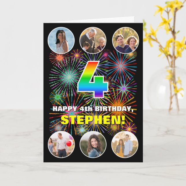 4th Birthday: Fun Rainbow #, Custom Name & Photos Card (Yellow Flower)