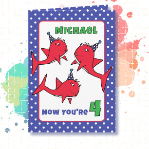 4th Birthday Funny Cute Red Sharks Cartoon Fish Card