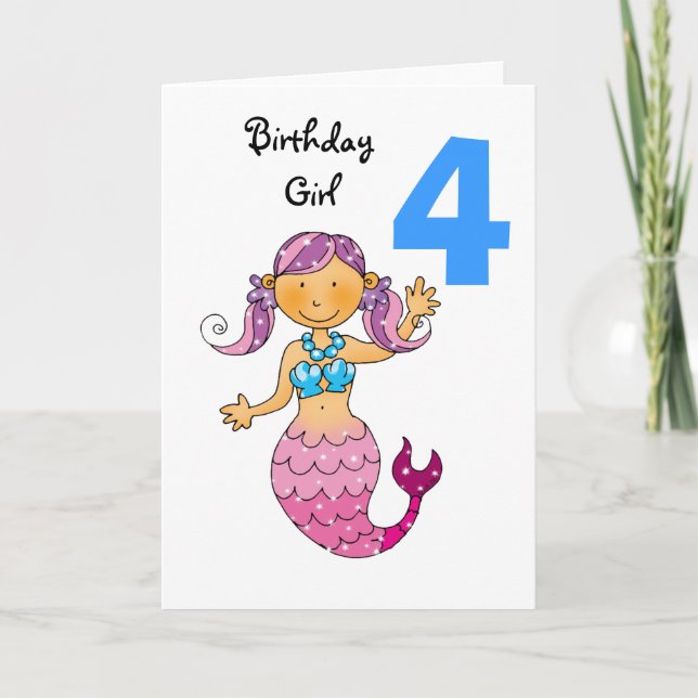 4th birthday gift for a girl, cute mermaid card (Front)