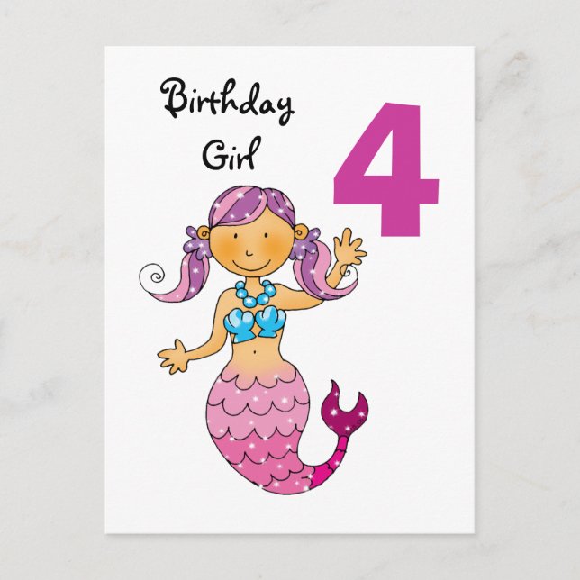 4th birthday gift for a girl, cute mermaid postcard (Front)
