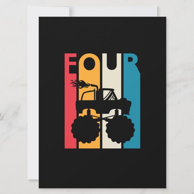 4th Birthday Gift Four Vintage Monster Truck Card (Front)