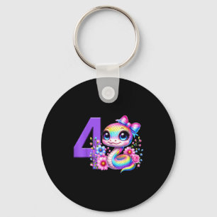 4th Birthday Girl Snake Party Rainbow Coquette Bow Key Ring
