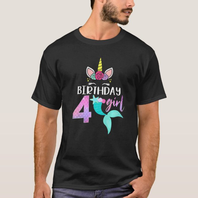 4th Birthday Girl Unicorn  Mermaid Tail 4 Years Ol T-Shirt (Front)