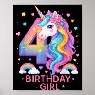 4th Birthday Girl Unicorn Rainbow Unicorn 4 Years Poster