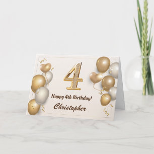 4th Birthday Gold Balloons and Confetti Birthday Card