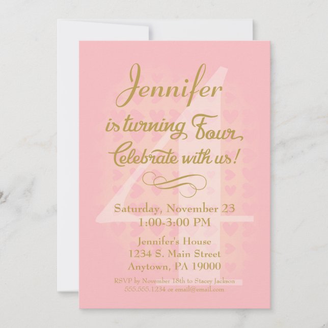 4th Birthday Invitation Girls Pink Gold Hearts (Front)