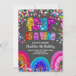 4th Birthday Invitation Glitter Sequin Rainbow