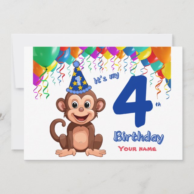4th Birthday Invitation, Monkey Party Personalise Invitation (Front)