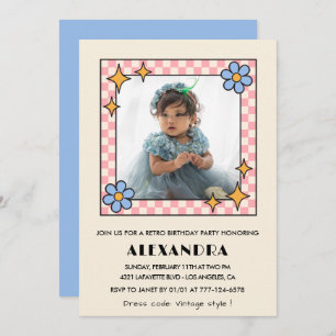 4th birthday invitation Retro Groovy Blue Floral