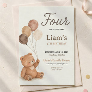 4th Birthday Invitation, Teddy Bear 4th Birthday Invitation
