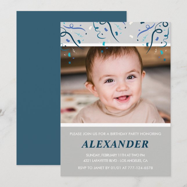 4th birthday invitations Boy Confetti Photo Navy (Front/Back)