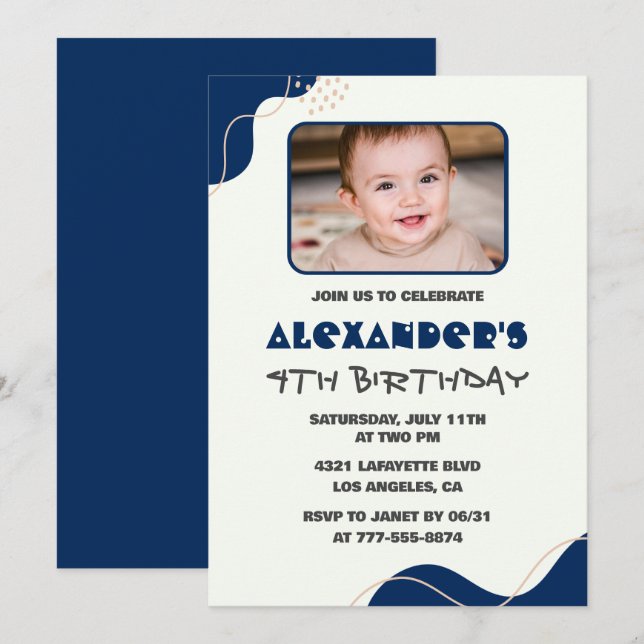 4th birthday invitations Boy Navy Simple Photo (Front/Back)
