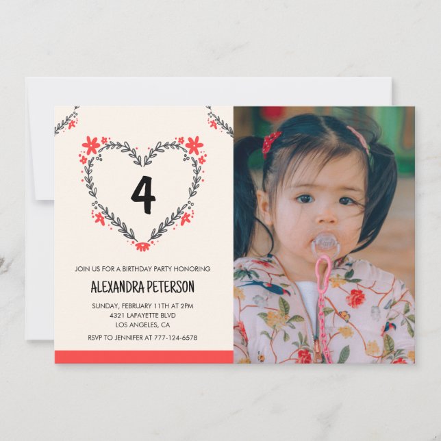 4th birthday invitations for her Floral Heart (Front)