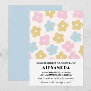 4th birthday invitations Girl Blue Pink Floral