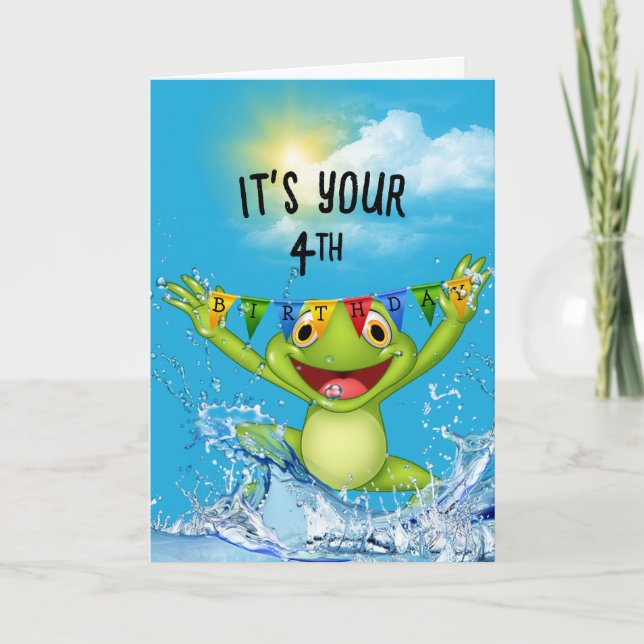 4th Birthday Jumping Frog in Water  Card (Front)
