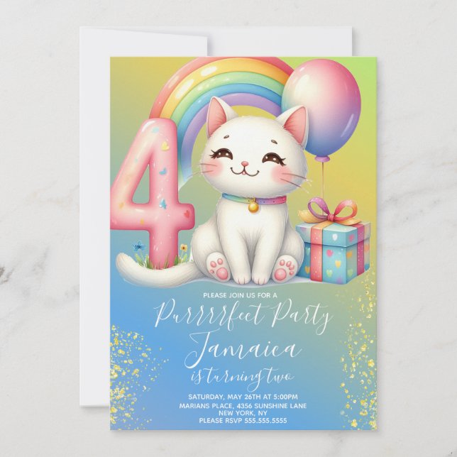 4th Birthday Kitten Rainbow Party Invitation (Front)
