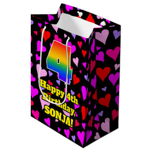 4th Birthday: Loving Hearts Pattern, Rainbow # 4 Medium Gift Bag