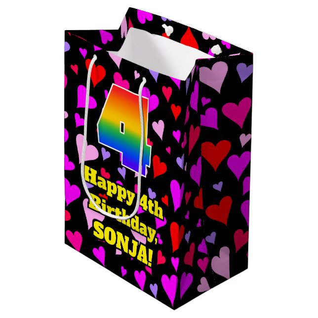 4th Birthday: Loving Hearts Pattern, Rainbow # 4 Medium Gift Bag (Front Angled)