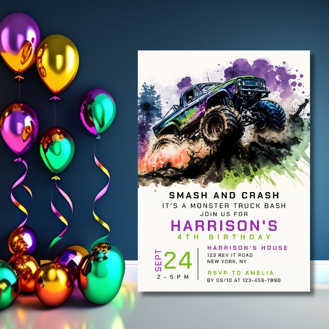 4th Birthday Monster Truck Smash Crash Kids Invitation (Creator Uploaded)
