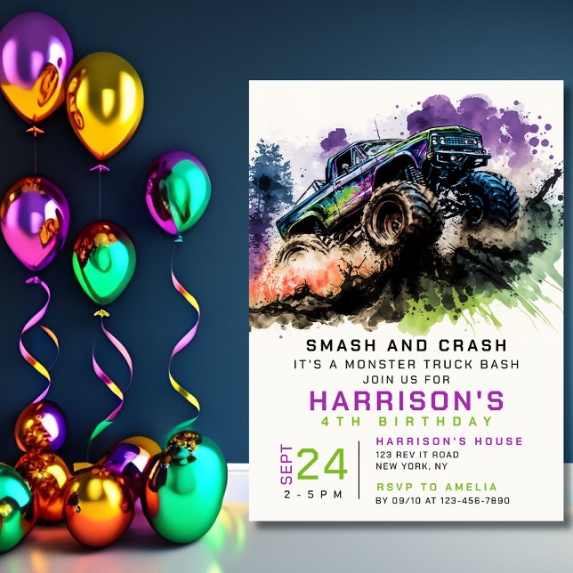 4th Birthday Monster Truck Smash Crash Kids Invitation (Creator Uploaded)