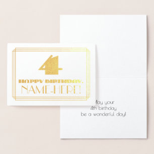 4th Birthday; Name + Art Deco Inspired Look "4" Foil Card