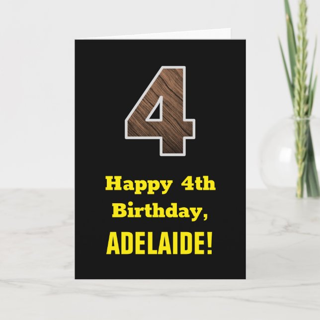 4th Birthday: Name, Faux Wood Grain Pattern "4" Card (Front)