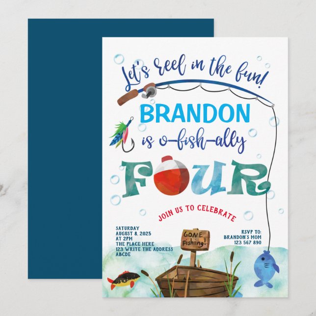 4th Birthday O-fish-ally Little fisherman fishing Invitation (Front/Back)