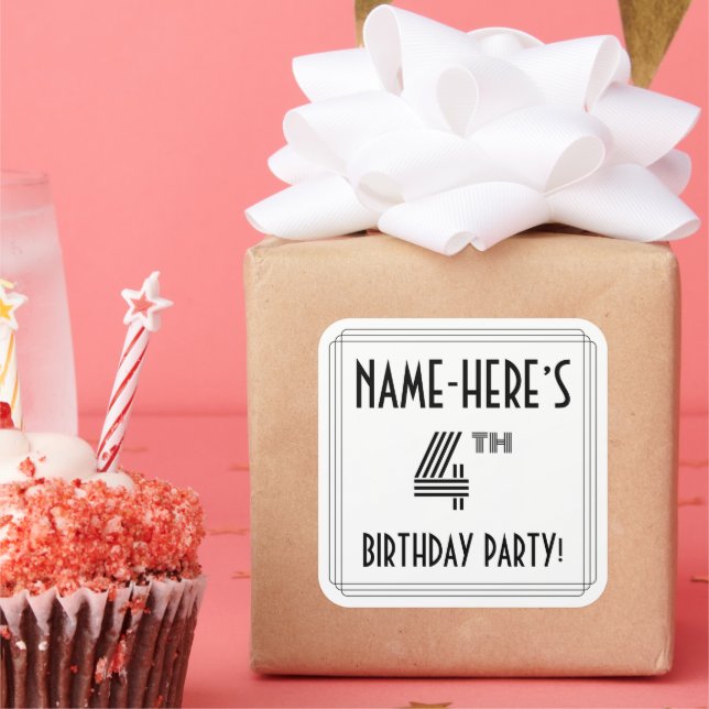 4th Birthday Party: Art Deco Style + Custom Name Square Sticker (Party)