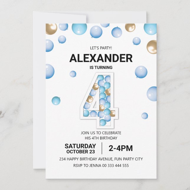 4th Birthday Party, Blue and Gold Balloon Boy Invitation (Front)