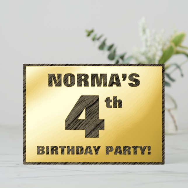 4th Birthday Party — Bold, Faux Wood Grain Text (Standing Front)