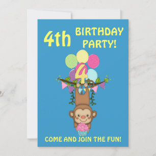 4th Birthday Party-Cute Monkey+Colourful Balloons Invitation