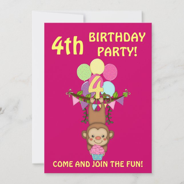 4th Birthday Party-Cute Monkey+Colourful Balloons Invitation (Front)