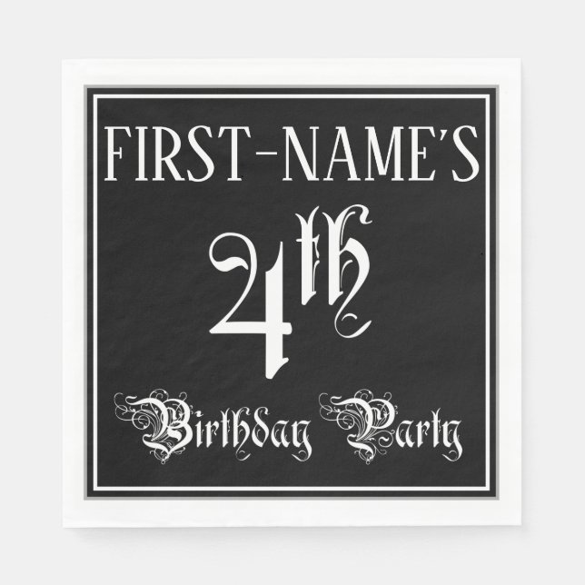 4th Birthday Party — Fancy Script + Custom Name Napkin (Front)