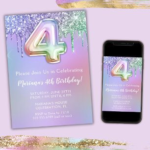 4th Birthday Party Invitation Purple Pink Glitter