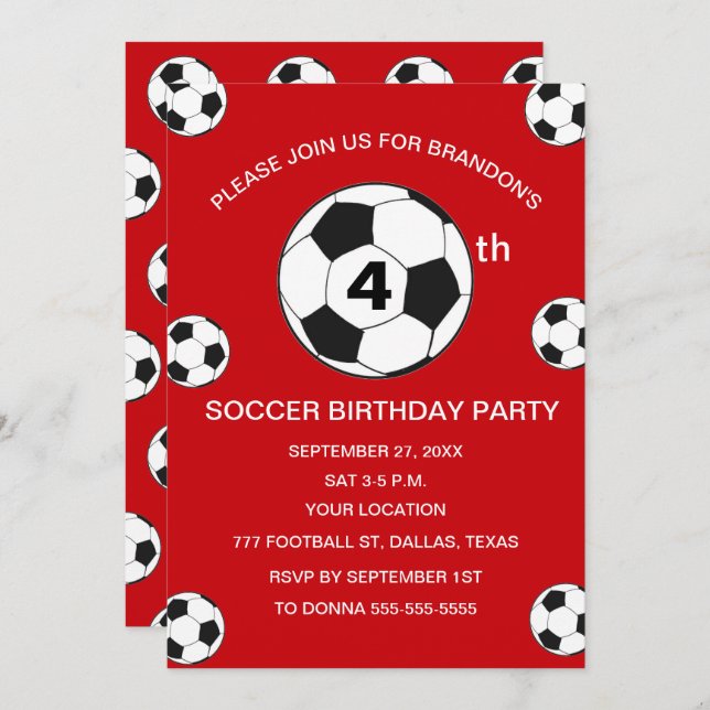 4th Birthday Party Soccer Red Boys Sports Invitation (Front/Back)