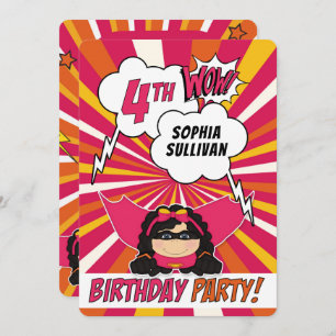 4th Birthday Party Superhero Pink Comic for Girls Invitation