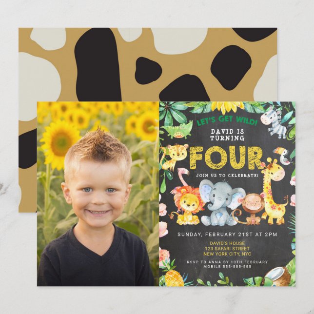 4th Birthday Party Zoo Jungle Animals Boy Photo Invitation (Front/Back)