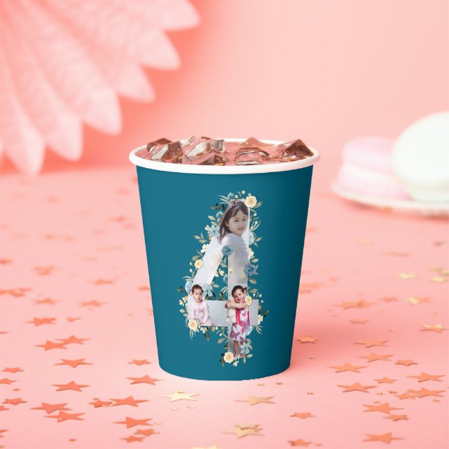 4th Birthday Photo Collage Blue Yellow Flower Teal Paper Cups (Insitu)