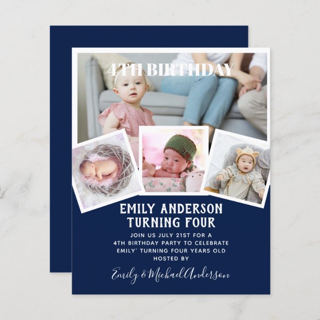 4TH Birthday Photo Collage Invite Boy Girl Mixed (Front/Back)