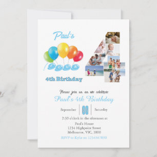 4th birthday photo collage number 4 Boy Invitation