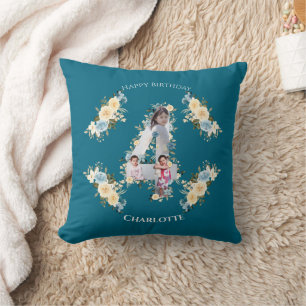 4th Birthday Photo Collage Teal Blue Yellow Flower Cushion