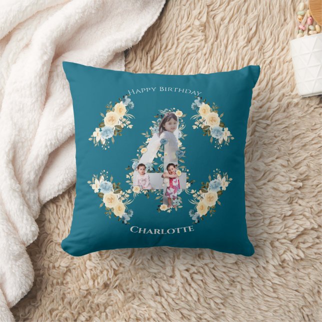 4th Birthday Photo Collage Teal Blue Yellow Flower Cushion (Blanket)
