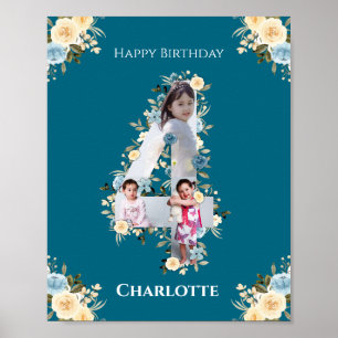 4th Birthday Photo Teal Collage Blue Yellow Flower Poster
