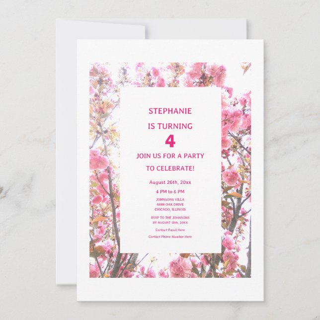 4th Birthday  Pink Cherry Floral Fourth Custom Age Invitation (Front)