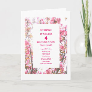 4th Birthday  Pink Floral Fourth Custom Age Cherry Invitation