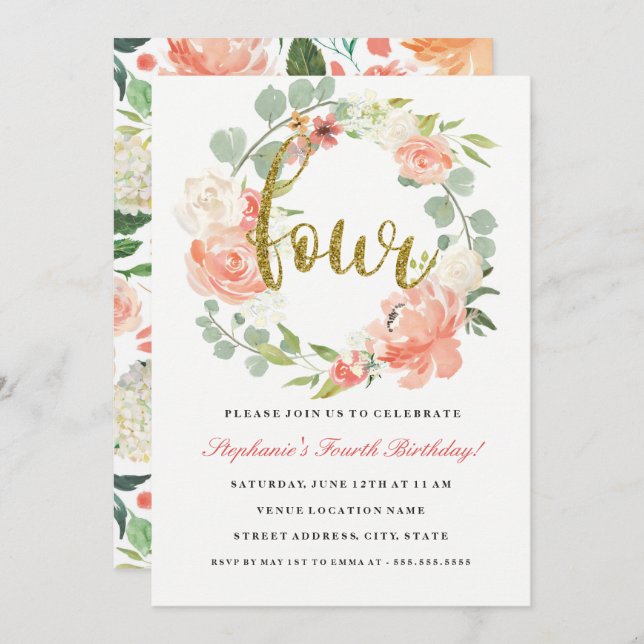 4th Birthday Pink Gold Floral Wreath Invitation (Front/Back)