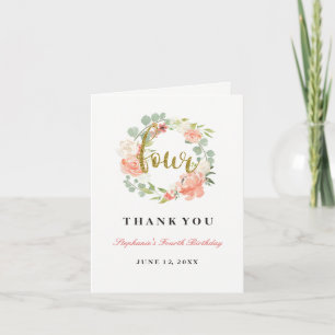 4th Birthday Pink Gold Floral Wreath Thank You Card