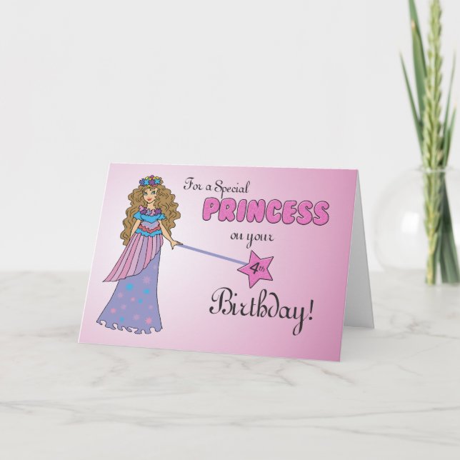 4th Birthday Pink Princess with Sparkly-Look Wand Card (Front)