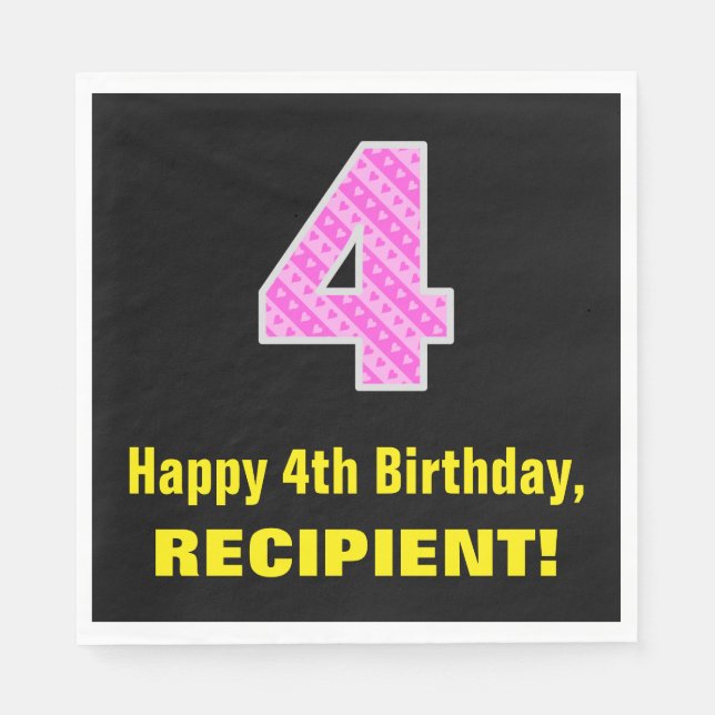 4th Birthday: Pink Stripes and Hearts "4" + Name Napkin (Front)